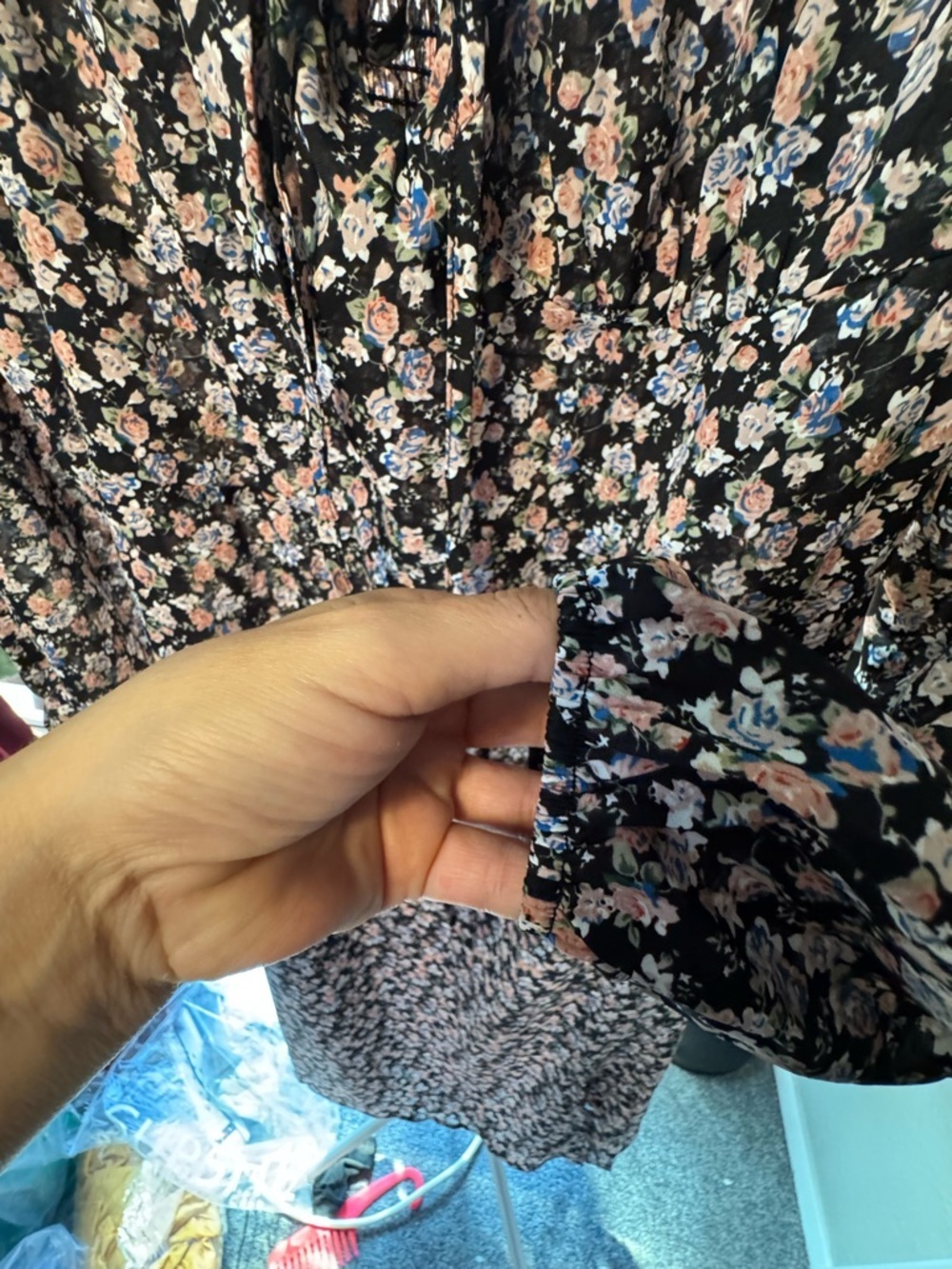 Floral Puff-Sleeve Midi Dress - Black with Blush Floral - Picture 3 of 7